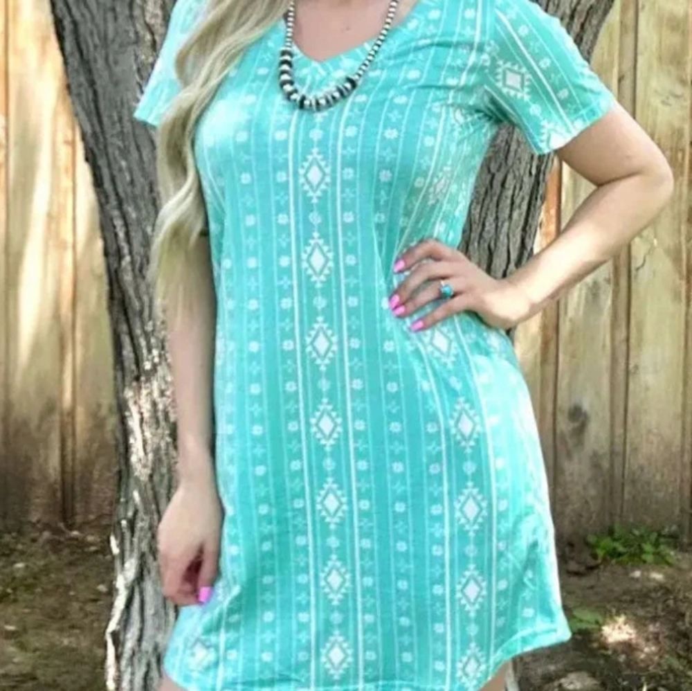 Teal Patterned Mini Dress